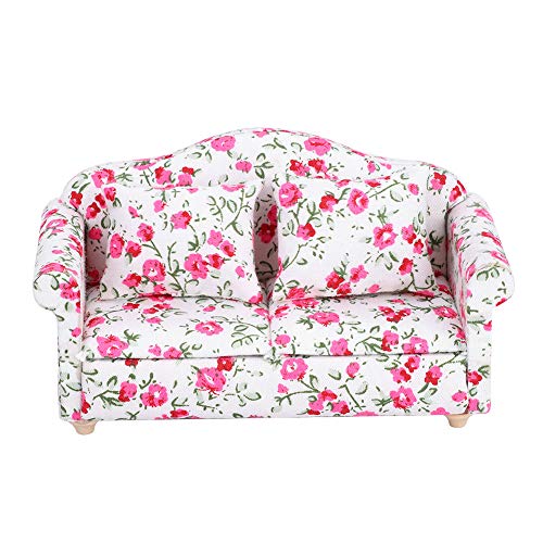 SUNGOOYUE Mini-Puppenstubensofa, Blumenmuster, Zwei Kissen, Holzbein, Puppenstubenmöbel, Doppelsofa für Puppe Im Maßstab 1/12(Kleine Blütentrauben) von SUNGOOYUE