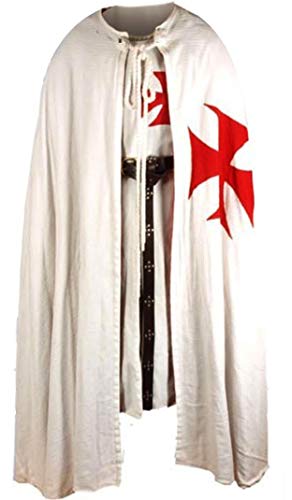 SUNLEXA Herren Mittelalter Ritter Tunika Halloween Kostüm ohne Kapuze Kappe Umhang Robe Cosplay Renaissance Herren Kostüm (S-6XL), Weiß/Rotes Kreuz, L von SUNLEXA