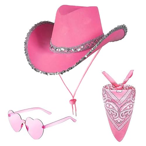 Cowboyhut 3 Stück Set für Damen - Pailletten Westernhut Paisley Bandana & Herz Sonnenbrille Cowgirl Kostüm Zubehör für Party (Rosa) von SUNNEE