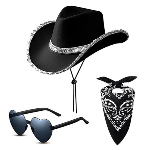 Cowboyhut 3 Stück Set für Damen - Pailletten Westernhut Paisley Bandana & Herz Sonnenbrille Cowgirl Kostüm Zubehör für Party (Schwarz) von SUNNEE