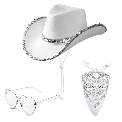 Cowboyhut 3 Stück Set für Damen - Pailletten Westernhut Paisley Bandana & Herz Sonnenbrille Cowgirl Kostüm Zubehör für Party (Weiß) von SUNNEE