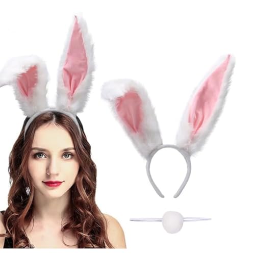 SUNNEE Große Hasenohren Stirnbänder Pelzige Hasenohren Stirnband Party Abschlussball Cosplay Kopfbedeckung Kostüm Häschen Hasenschwanz mit Gummiband (Weiß-Rosa) von SUNNEE