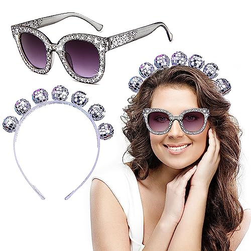 SUNSK Discokugel Spiegelkugel Schmuck Set Sonnenbrille Partybrille Haarreif mit Discokugeln Disco Haarband Disco Accessoires Diamant Sonnenbrille Glitzer Accessoires Discokugel für Party 2 Stück von SUNSK