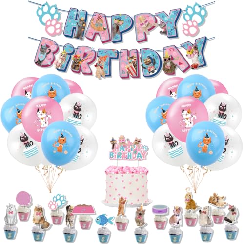 SUNSK Geburtstagsballons Katze Tier Luftballons Runde Latexballon Happy Birthday Girlande Katze Kuchen Topper Geburtstag Deko für Kinder 35 Stück von SUNSK