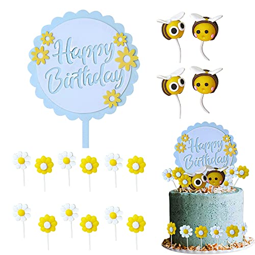 SUNSK Tortendeko Gänseblümchen Biene Kuchen Topper Mini Biene Dekoration Mini Harz Daisy Gänse Blümchen Blumen Kuchen Deckel Mini Cupcake Topper für Geburtstag Party Dekorationen 17 stück von SUNSK