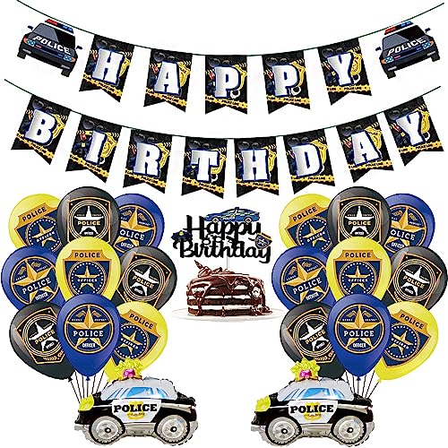 SUNSK Polizei Geburtstag Deko Luftballons Polizeiauto Folienballon Happy Birthday Banner Cars Cupcake Topper Polizei Geburtstag Deko für Junge Kindergeburtstag 22 Stück von SUNSK