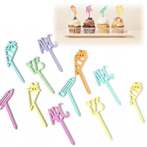 SUNUCO Schul-Kuchenaufsatz, ABC-Bleistift, Cupcake-Picks, 10 individuelle Farben und Stile, Schulanfang, Geburtstag, Abschluss, Lehrer-Wertschätzung, Party-Dekoration für Kuchen. von SUNUCO