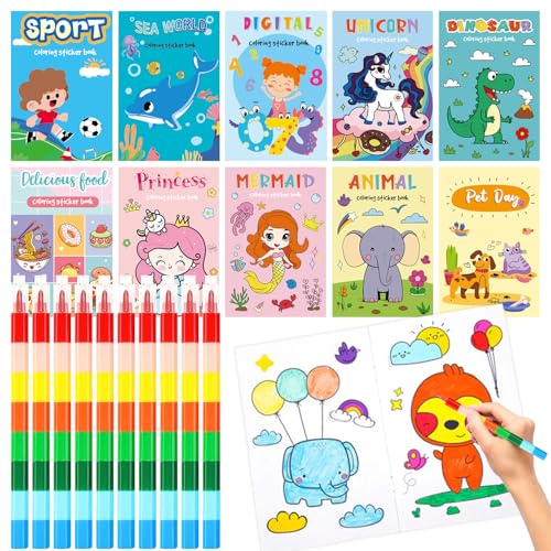 10 Mini Malbuch Kinder,Kleine Geschenke für Kinder,10 Wachsmalstifte Stapelbar (8 Farben in 1),Malbücher für Kid,Give Aways Kindergeburtstag,Buntstifte Set,Mitgebsel Kindergeburtstag Gastgeschenke von SUNXBUK