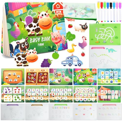 Montessori Spielzeug ab 1 2 3 Jahr,Busy Board ab 1 Jahr,Quiet Book ab 1 Jahr,Busy Book ab 2 Jahre,Montessori Buch ab 1 2 3 4 5 Jahre,Sticker Funktion,Geschenk 1 Jahr Mädchen und Junge-Bauernhof von SUNXBUK