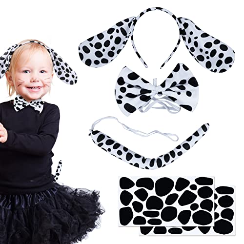 SUNYOK 4 Stück Dalmatiner Kostüm Set Kinder Dalmatiner Ohren Stirnband Fliege Schwanz Selbstklebendes Papier Kinder Tier Kostüm Gefleckte Hund Kostüm für Karneval Fasching Cosplay Party von SUNYOK