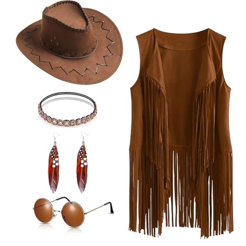 60er 70er Jahre Western-Cowgirl-Outfit-Set, Hippie-Kostüm, Fransenweste mit Hut, Sonnenbrille, Ohrringen, Stirnband für Damen, Halloween, Größe S 60er 70er Jahre Western-Cowgirl-Outfit-Set, Hippie-Kostüm, Fransenweste mit Hut, Sonnenbrille, Ohrringen, Stirnband für Damen, Halloween, Größe S von SUOLA