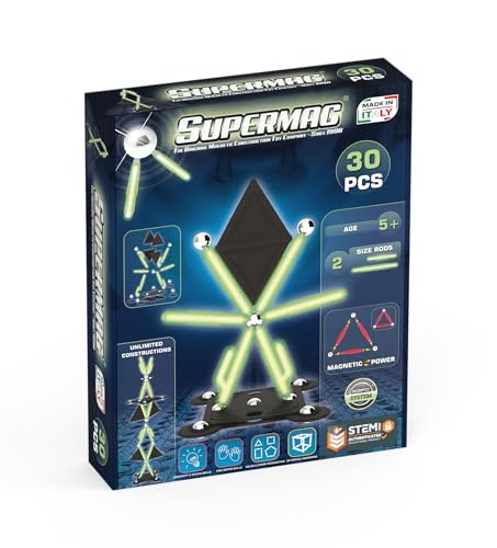 Supermag - Glow Magnetbaukasten - 30 Teile - Kinderspielzeug Ab 5 Jahren - Patentiertes System Basierend auf STEM-Programmen - Made In Italy Supermag - Glow Magnetbaukasten - 30 Teile - Kinderspielzeug Ab 5 Jahren - Patentiertes System Basierend auf STEM-Programmen - Made In Italy von Supermag