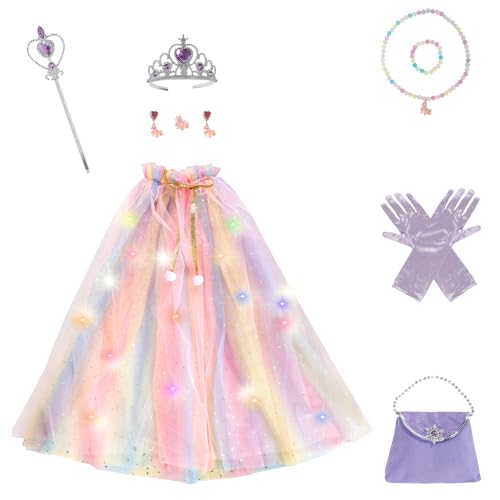 11 Stück Kinder Umhang Prinzessin, Prinzessin Cape Dress up Kleidung Leuchten Sie Süße Umhang mit Krone Halloween Karneval Geburtstag Thema für Kinder Mädchen 3 bis 6 Geburtstagsgeschenk Cosplay von SUPPUIMNT