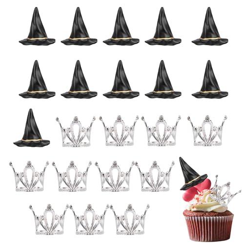 24 Stück Hexenhut Cupcake Topper Krone Tortenaufsatz, Mini Witchhut und Kronkuchen Topper Hexen Geburtstagsfeier Dekoration Wiederverwendbarer Zauberer Themen Kuchen Geburtstag Halloween Themenpartys von SUPPUIMNT