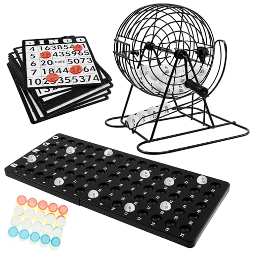 Bingo Spiel Metalltrommel, 18 Bingotickets 75 Bingo Kugeln 150 Chips Spielbrett Fügen Sie Spaß Machine Game Set Erstellen Sie angenehme Ambiente Metal Lottery Ball Machine Set für Erwachsene Kinder von SUPPUIMNT