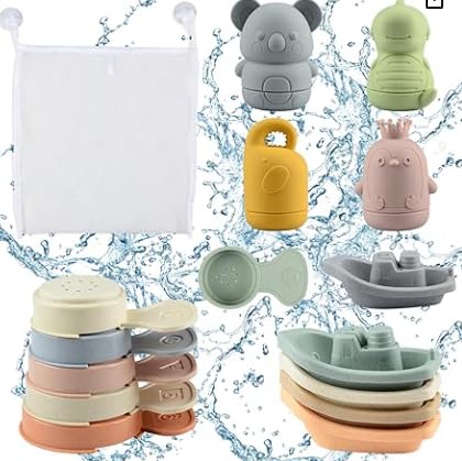 Baby Badespielzeug, Badewannenspielzeug Baby Silikon Wasserspielzeug Kinder mit Spritztiere Boote Badelöffeln,Schwimmende Schwimmbad Badewanne Pool Bad Spielzeug von SUPRBIRD