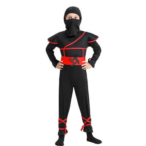 SUPTTING Karneval Kinder Ninja Kostüm Cool Thematisch Verkleidung mit Maske mit Gürtel Kämpfer-Anzug Japanisch Action Rote Bänder Muskel-Polsterung Jumpsuit für Faschingsparty von SUPTTING