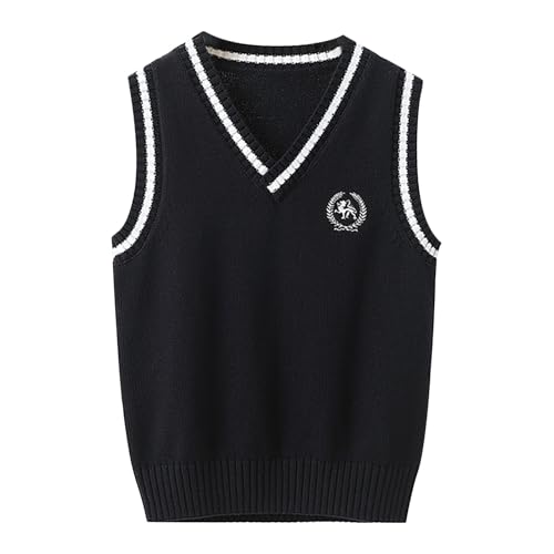 SUPTTING Kinder Pullunder Klassisch Schick Strickweste V-Ausschnitt Ärmellos Weste Preppy College-Stil Kontraststreifen Logo-Patch Top für Schuluniform SUPTTING Kinder Pullunder Klassisch Schick Strickweste V-Ausschnitt Ärmellos Weste Preppy College-Stil Kontraststreifen Logo-Patch Top für Schuluniform von SUPTTING