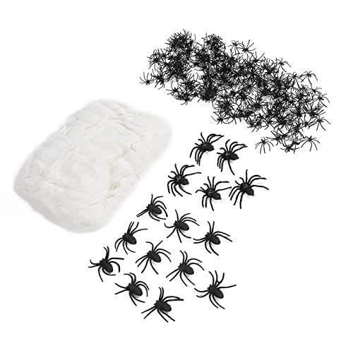SUPYINI Halloween -Spinnennetze Stretch Spinnweben Spukhausdekor mit 200 Kleinen 10 Mittel 5 Großen Plastikspinnen für die Halloween -Party -Dekoration Im Freien Im Freien Im Freien von SUPYINI