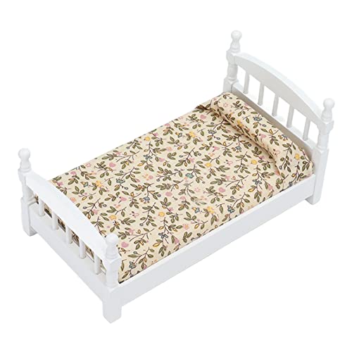 SUPYINI Holzpuppenhausbett, 1:12 Skala Miniatur Schlafzimmermöbel Set mit Matratze, Kissen, Birkenholz Mini -Bett von SUPYINI