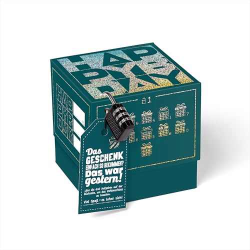 SURPRISA Geschenkbox Rätselbox Happy Bday – Petrol mit Glitzerfolie – kreative Verpackung für Geburtstagsgeschenke & Gutscheine (Größe 12 cm) von SURPRISA