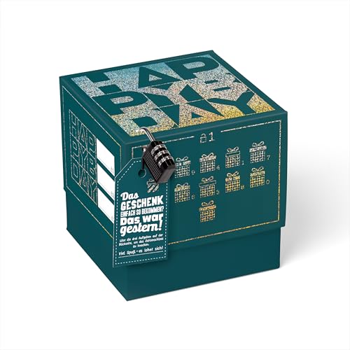 SURPRISA Geschenkbox Rätselbox Happy Bday – Petrol mit Glitzerfolie – kreative Verpackung für Geburtstagsgeschenke & Gutscheine (Größe 16 cm) von SURPRISA