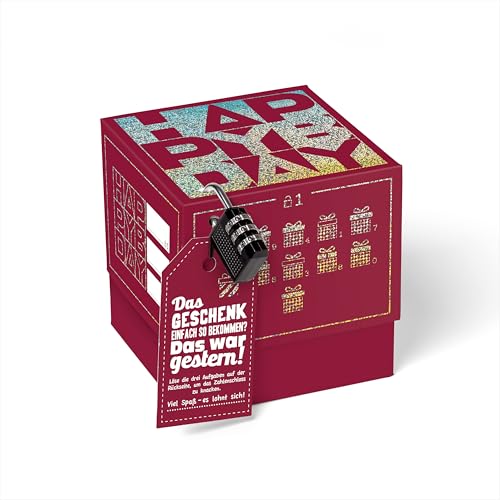 SURPRISA Geschenkbox Rätselbox Happy Bday – Rot mit Glitzerfolie – kreative Verpackung für Geburtstagsgeschenke & Gutscheine (Größe 12 cm) von SURPRISA