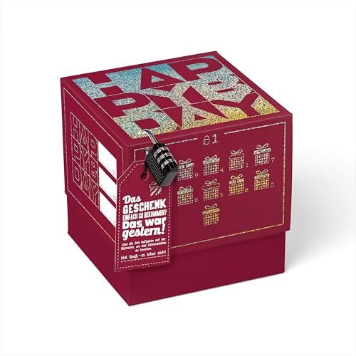 SURPRISA Geschenkbox Rätselbox Happy Bday – Rot mit Glitzerfolie – kreative Verpackung für Geburtstagsgeschenke & Gutscheine (Größe 16 cm) von SURPRISA