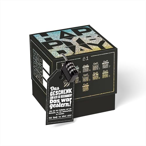 SURPRISA Geschenkbox Rätselbox Happy Bday – Schwarz mit Glitzerfolie – kreative Verpackung für Geburtstagsgeschenke & Gutscheine (Größe 12 cm) von SURPRISA