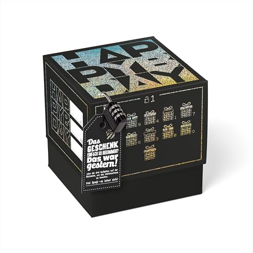 SURPRISA Geschenkbox Rätselbox Happy Bday – Schwarz mit Glitzerfolie – kreative Verpackung für Geburtstagsgeschenke & Gutscheine (Größe 16 cm) von SURPRISA