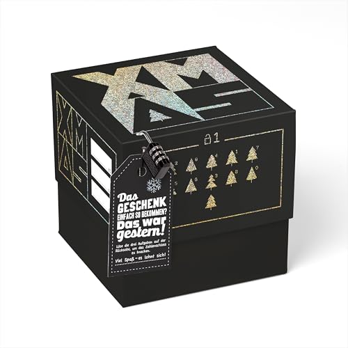SURPRISA Geschenkbox schwarz für Weihnachten, Rätselbox für Geldgeschenke, Glitzer-Design in Schwarz mit Xmas-Aufdruck, Größe L (20cm) von SURPRISA