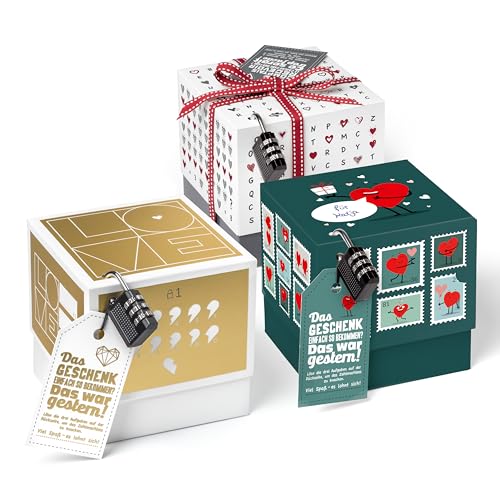 SURPRISA Geschenkboxen Set, 3er Pack Rätselboxen für Geldgeschenke & Gutscheine, Valentinstag, Jahrestag & Hochzeit, Briefmarkenrätsel, Herzrätsel & Liebesrätsel, Größe S (12cm) von SURPRISA
