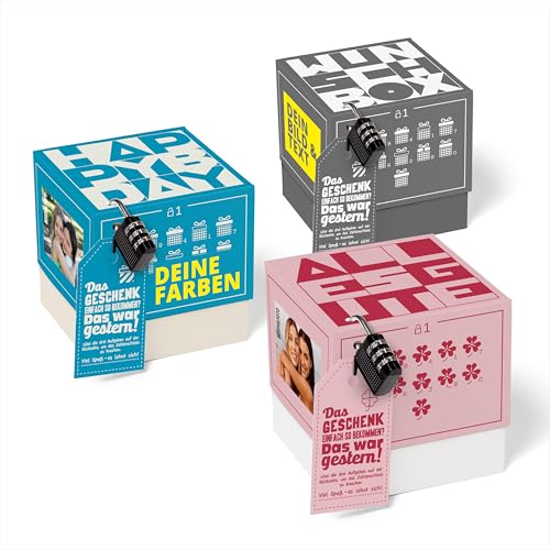 SURPRISA Rätsel-Geschenkbox personalisierbar – 3 Designs wählbar (Happy Bday | Alles Gute | Wunschbox) – Foto & Text gestalten – DIY Geldgeschenk & Gutscheinbox – 12 cm von SURPRISA