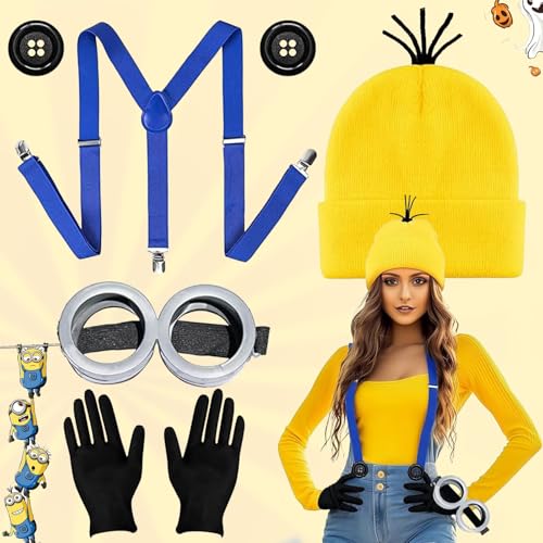 SUpoetry 5 Stück Gelbes Kostüm Set, Cosplay Mütze Brille Handschuhe Knöpfe Hosenträger für Damen Herren Kinder, Gelbes Kostüm Set Film Kostüm Erwachsene für Karneval Cosplay von SUpoetry