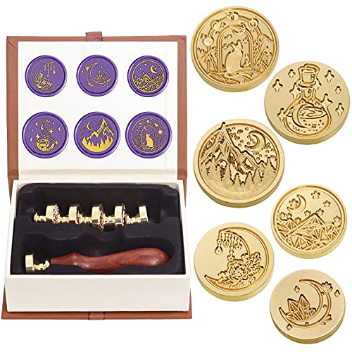SWANGSA Wachssiegel Stempel Set, Vintage 6 Stück Siegelwachs Stempelköpfe + 1 Holzgriff Siegelstempel Kit (Moon Set) von SWANGSA