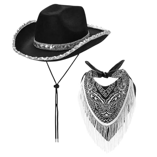 SWEETBIUTI Cowgirl -Hut breiter Krempe Hut mit Fransen -Bandana gebogener Edge Pailletten Schwarze Cowgirl -Hut mit Kinngurt Western Cowboy Hut für Cosplay, Halloween Costumes 2pcs/Set SWEETBIUTI Cowgirl -Hut breiter Krempe Hut mit Fransen -Bandana gebogener Edge Pailletten Schwarze Cowgirl -Hut mit Kinngurt Western Cowboy Hut für Cosplay, Halloween Costumes 2pcs/Set von SWEETBIUTI