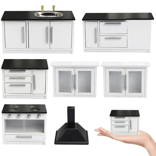 SWEETBIUTI Dollhouse Kitchen, 7pcs/Set Dollhouse Möbel Set 1 12 Skala Holzpuppenhausmöbel, Simulationsminiaturpuppenhaus Accessoires für Jungen Mädchen und Kleinkinder von SWEETBIUTI