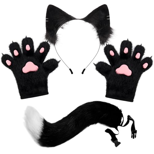 SWEETBIUTI Fox Kostüm 1 Set Realistic Black Therian Kostüm umfasst Fox -Handschuhe, Ohren und Schwanz, dekorative Therian -Ausrüstung für Maskerade, Cosplay, Party, Halloween von SWEETBIUTI