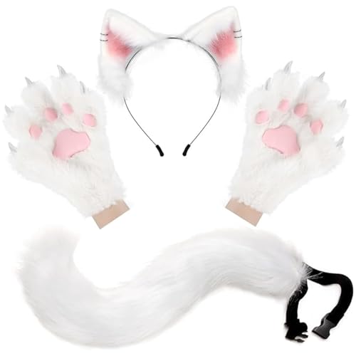 SWEETBIUTI Fox Kostüm 1 Set Realistic White Therian Kostüm umfasst Fox -Handschuhe, Ohren und Schwanz, dekorative Therian -Ausrüstung für Maskerade, Cosplay, Party, Halloween von SWEETBIUTI