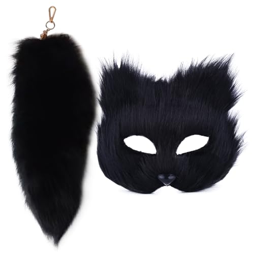 SWEETBIUTI Katzenmaske und Therian Tail Set Pelry Fox Maske & 16 '' Long Fox Tail Keychain Halbgesicht Maskerade Maske für Cosplay -Fantasie -Party Schwarz SWEETBIUTI Katzenmaske und Therian Tail Set Pelry Fox Maske & 16 '' Long Fox Tail Keychain Halbgesicht Maskerade Maske für Cosplay -Fantasie -Party Schwarz von SWEETBIUTI