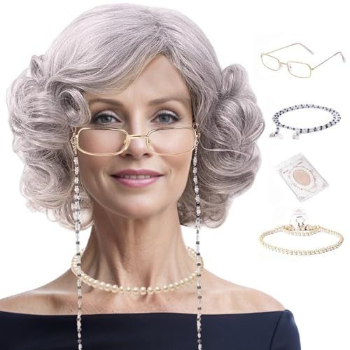 SWEETBIUTI Oma Kostümset, 4PCS Old Lady Perücken -Set enthält lockige Grauen -Grauen -Perücken, Perlenkette, Brille mit Ketten- und Perückenkappe für 100. Schultage Cosplay von SWEETBIUTI
