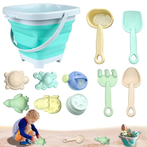 SWEETBIUTI Strandspielzeug für Kinder, 11pcs Plastiksandspielzeug Blau wiederverwendbares farbenfrohe Sandkasten umfasst zusammenklappbare Eimer, Schnittstoffe, Rakes, Schaufeln und Tierformen von SWEETBIUTI