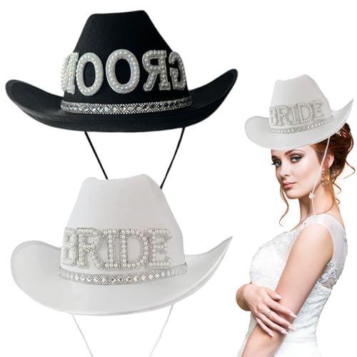 SWEETBIUTI Weißer Cowboyhut, 2pcs leuchtende Braut ＆ Bräutigambrief Cowgirl Hut, Braut Cowboy -Kappe mit verstellbarem Riemen, Cowgirl -Kostüm für Hochzeitsfeiern Kostüm Rollenspiel Cosplay von SWEETBIUTI