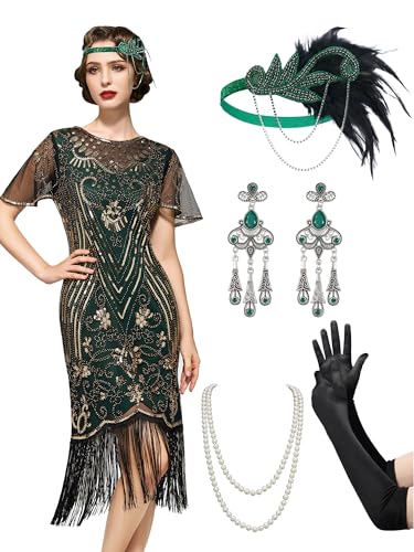 SWEETV 20er Jahre Kostüm Damen, Gatsby Kleid Damen mit 20er Jahre Kleid Accessoires,Charleston Flapper outfit,grün,Mittel von SWEETV