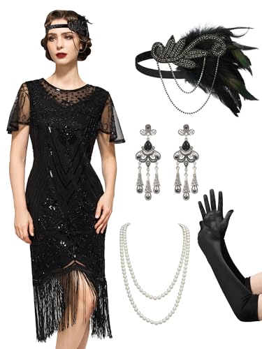 SWEETV 20er Jahre Kostüm Damen, Gatsby Kleid Damen mit 20er Jahre Kleid Accessoires,Charleston Flapper outfit,schwarz,X-groß von SWEETV