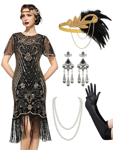 SWEETV 20er Jahre Kostüm Damen, Gatsby Kleid Damen mit 20er Jahre Kleid Accessoires,Charleston Flapper outfit,schwarzes gold,groß von SWEETV