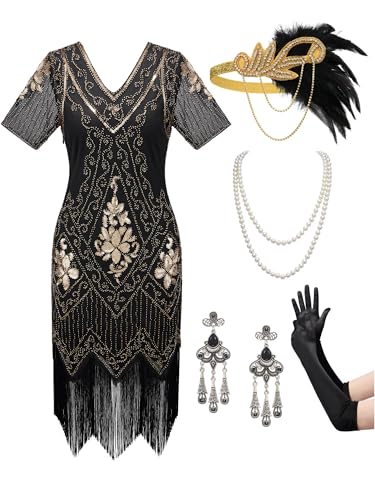 SWEETV 20er Jahre Kostüm Damen,Great Gatsby Kleid 1920er Jahre Kleid mit 20er Accessoires - Roaring 20s Kostüme,Flapper outfit SWEETV 20er Jahre Kostüm Damen,Great Gatsby Kleid 1920er Jahre Kleid mit 20er Accessoires - Roaring 20s Kostüme,Flapper outfit von SWEETV