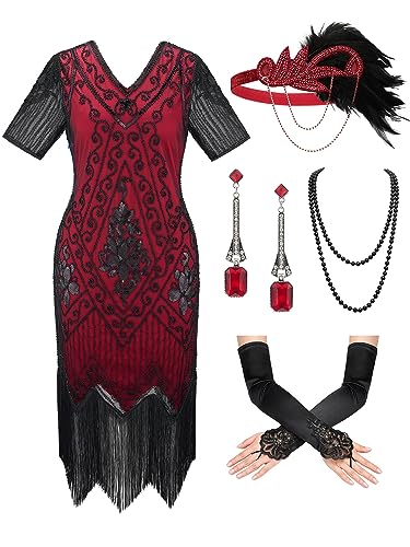 SWEETV Flapper-Kleid für Damen, 1920er-Jahre, Fransen-Pailletten, Great Gatsby-Kleid mit 20er-Jahre-Kostümen, brüllende 20er-Jahre-Kostüme, Schwarz-Rot, Größe XXL von SWEETV