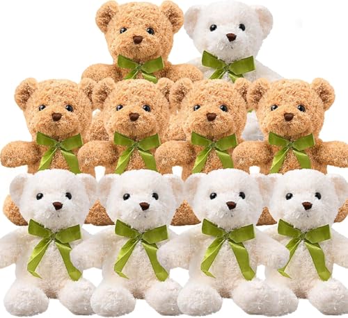 10 Stück Kleine Teddybär, 25 cm Plüsch Teddy Plüschbär in 2 Farben (Khaki, Weiß) – Plüschbär Teddy Bär mit Abnehmbaren Schleifen für Geburtstag & Party Deko von SWHCM