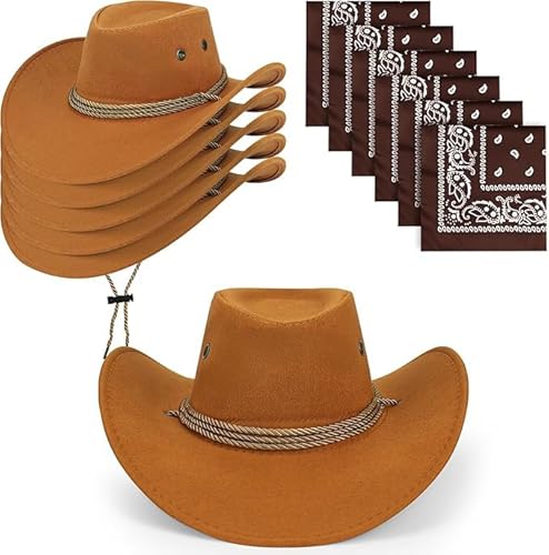 12 Stück Cowboyhut und Halstuch Set – Cowboy und Cowgirl Hüte im Großpack – Western Kostüm Zubehör für Karneval und Halloween (12, Braun, Einheitsgröße) von SWHCM